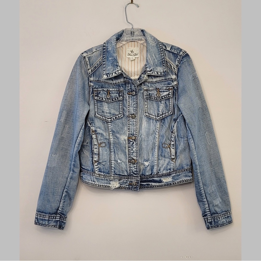 Boho Funky distressed cropped denim jacket size large cut small